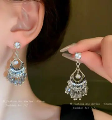 Crystal Flower Tassel Earrings with Water Drop Design